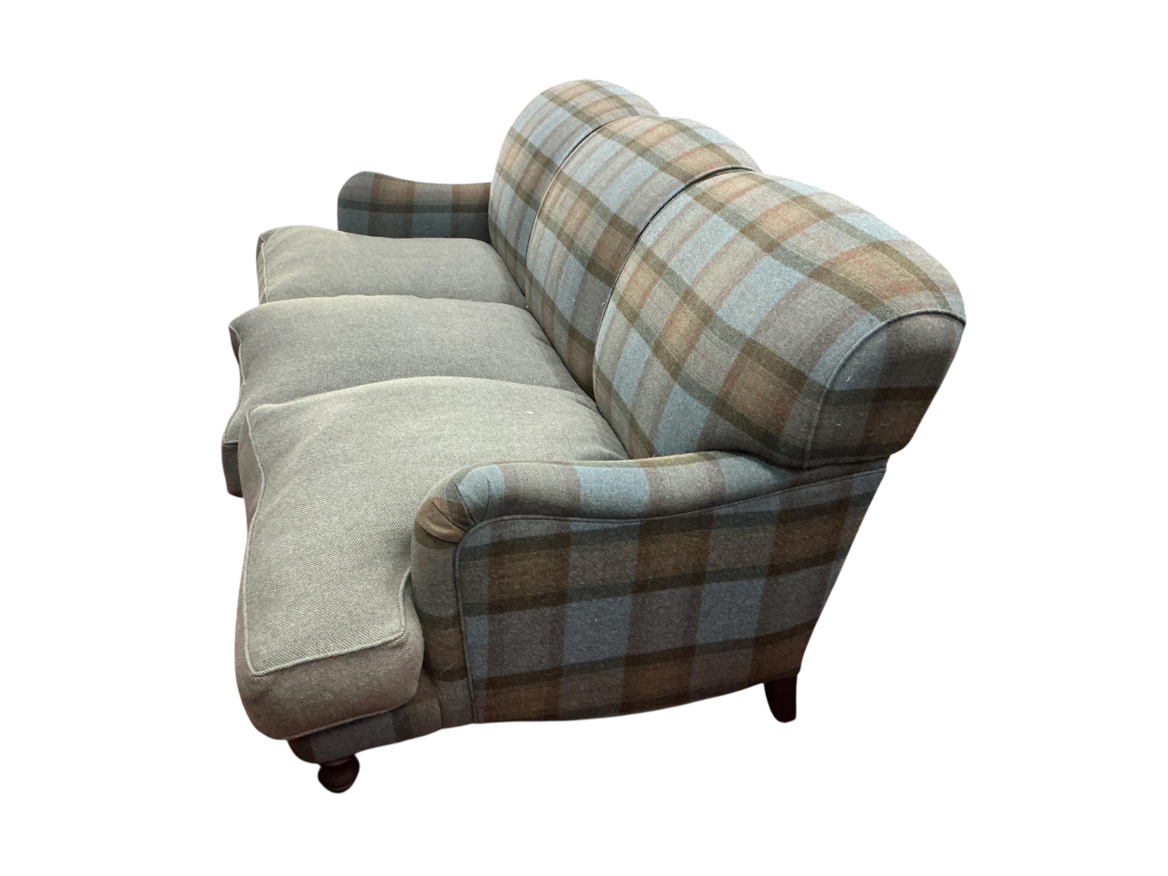 A Sofa Workshop tartan wool fabric three seater sofa in the style of Howard and Sons, width 194cm, depth 96cm, height 88cm